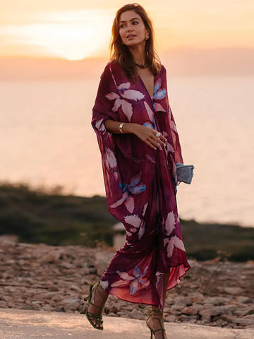 Women Printed V-neck Mesh Thin Maxi Dresses