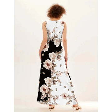 Flower Print New Casual V-Neck Sleeveless Long Dress