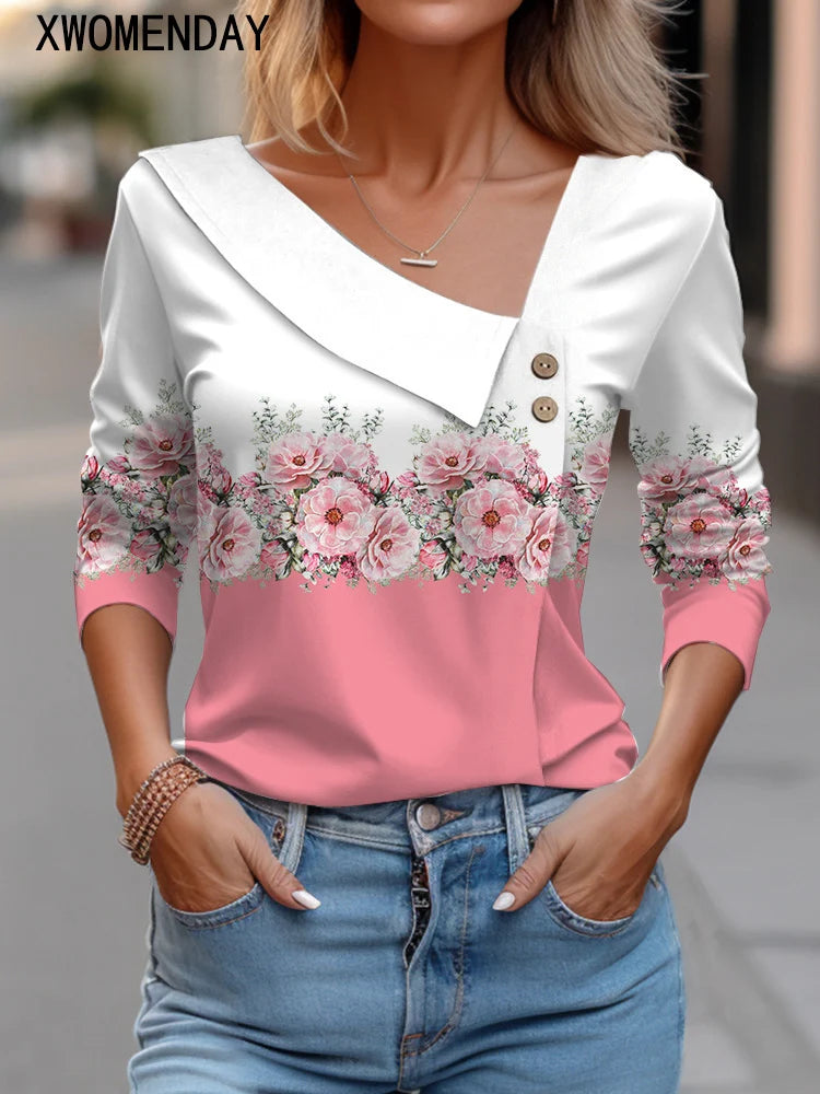 Long Sleeve Top White Floral Print Shirts And Blouses