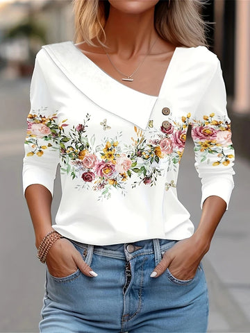 Long Sleeve Top White Floral Print Shirts And Blouses